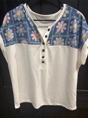Women's White Short-Sleeve Henley Top with Blue Floral Yoke